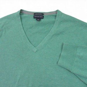 Lands' End Mens V Neck Sweater Pullover XXL Solid Mint Green Supima Cotton